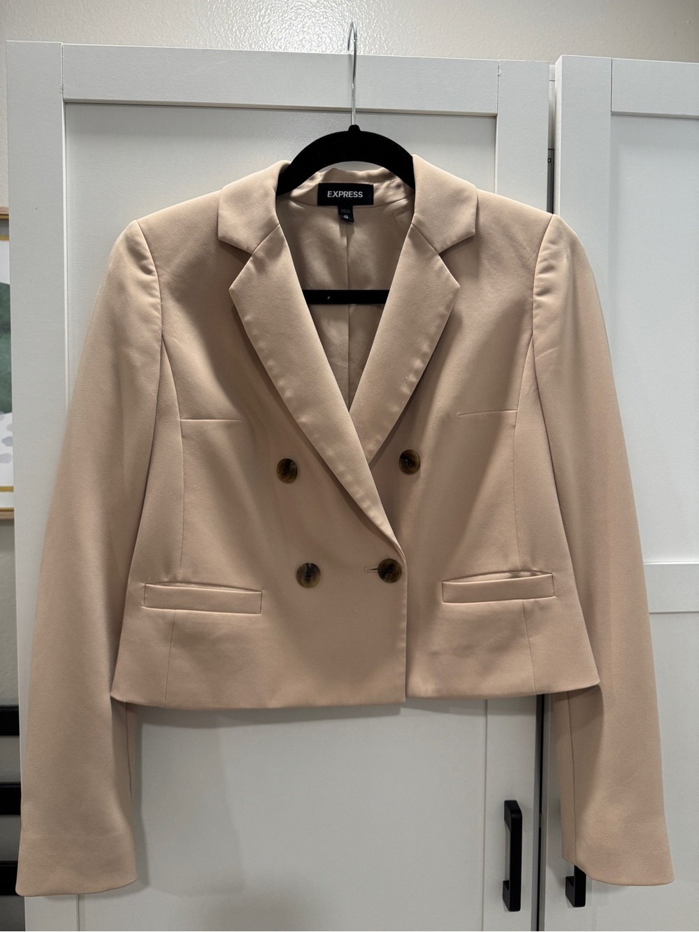 Express Cropped Double-Breasted Blazer in Light Beige